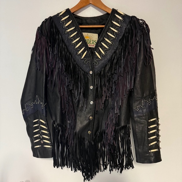Vintage Sunriders Western Wear Black & Purple Tassel Leather Jacket Beaded